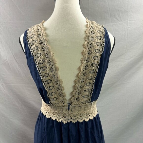 Boho Deep V-Neck Lace Trimmed Sleeveless Dress Blue - Picture 9 of 9